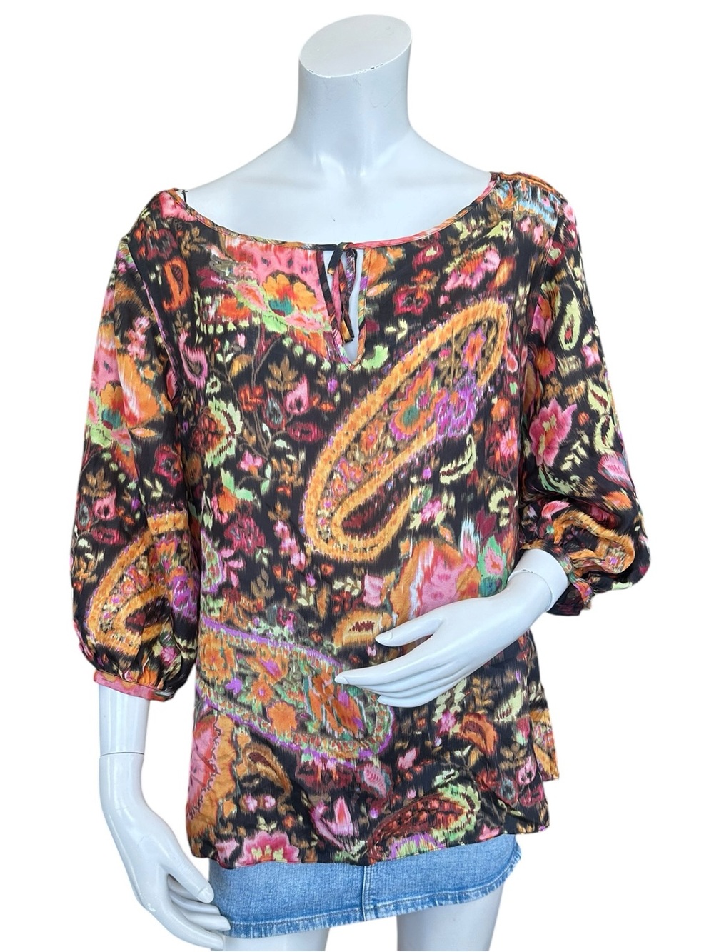 LRL Ralph Lauren Pink Brown Paisley Watercolor 100% Silk Tie Front Blouse Large